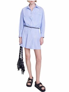 Maje Light Blue Cotton Pinstripe Mini Button Down Pleated ShirtDress Size 42 NWT